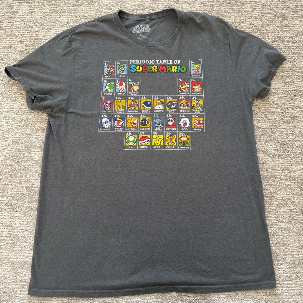 Super Mario Bros Periodic Table T Shirt Men Size XL Short Sleeve Nintendo Gaming